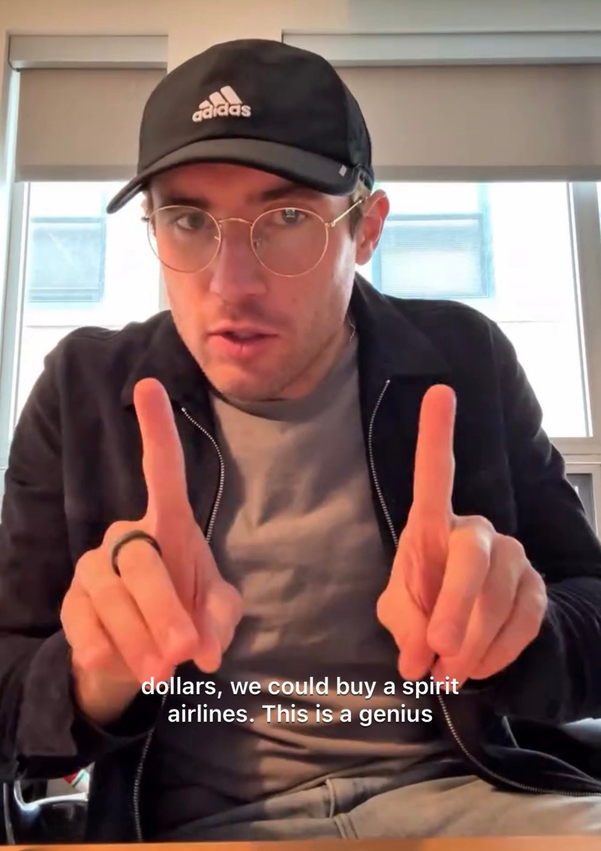 Hunter Peterson, mid-sentence in the TikTok video where he first proposed crowdfunding a purchase of Spirit Airlines