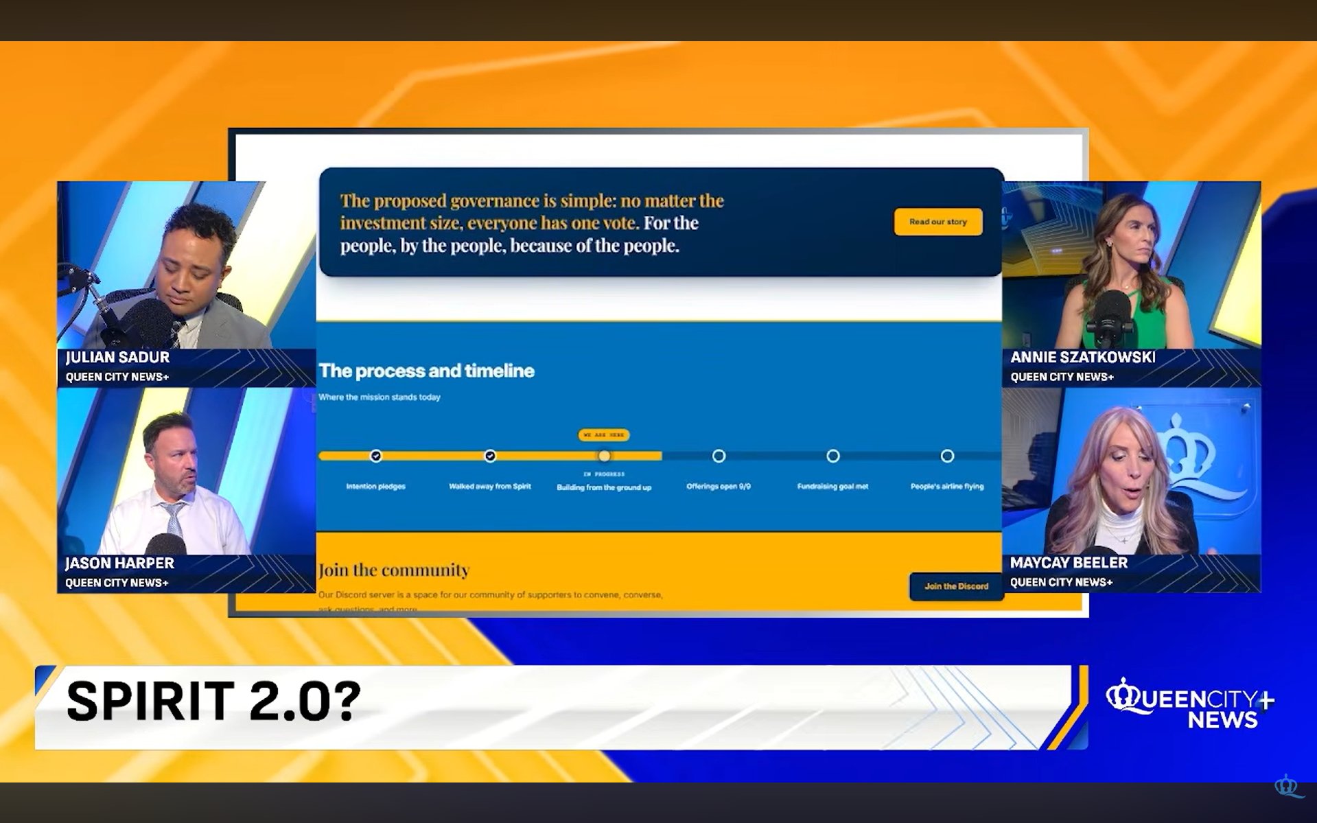 Queen City News panel discussing the Spirit 2.0 movement, with the campaign's governance quote and process timeline shown on screen