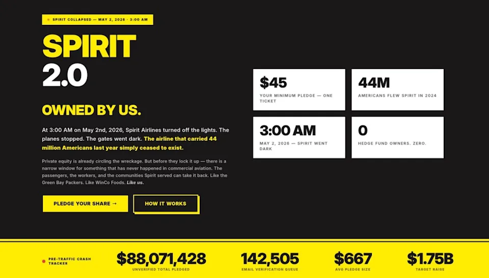Screenshot of the original Let's Buy Spirit pledge campaign site, showing over $88 million in unverified pledges toward a $1.75 billion target